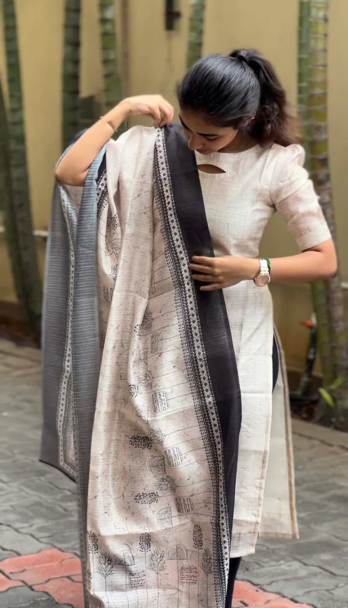 Elegant Tussar Silk kurti with Tussar Duppatta with elbow puff sleeves